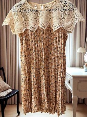 VINTAGE crochet accordion pleat sheer dress.  Approx sz M (contemporary sizing)